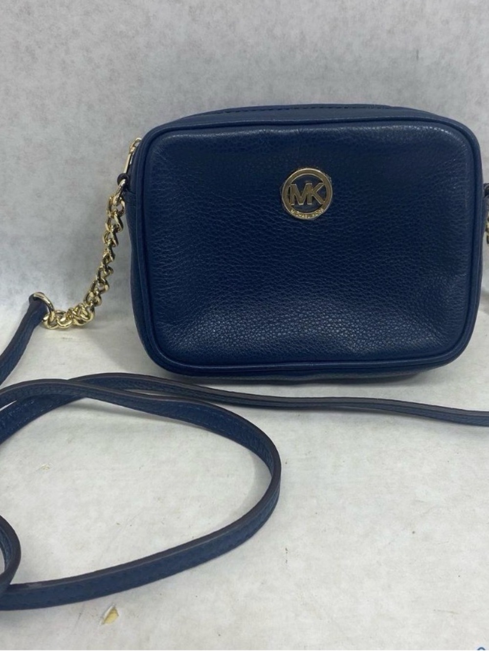 Michael Kors Navy Pebbled Leather Camera Crossbody with Gold Hardware